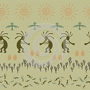 Mythical, design with gecko, Kokopelli fertility god, sun, bird, cacti.