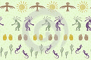 Mythical, design with gecko, Kokopelli fertility god, sun, bird, cacti.