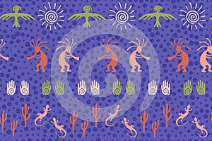 Mythical, design with gecko, Kokopelli fertility god, sun, bird, cacti.