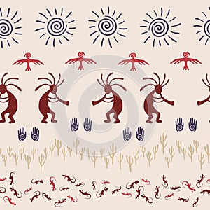 Mythical, design with lizard, Kokopelli fertility deity, sun, eagle, cacti.