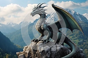 Mythical Dragon Perched Atop a Mountain Peak