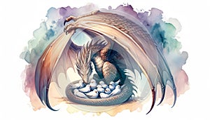 Mythical Dragon Tenderly Shields a Nest of Baby Doves