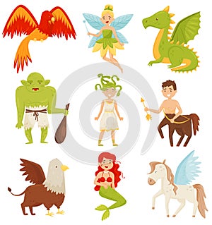 Mythical fairy tale creatures set, Centaur, Pegasus, Griffin, Medusa Gorgon, Mermaid, Dragon, Flaming Phoenix bird