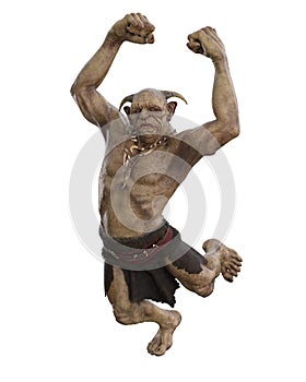 Mythical fantasy troll jumping with clenched fists raised above his head. 3D rendering isolated on white background