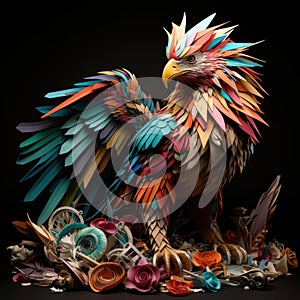 A mythical griffin, a fantastical fusion of origami lion and eagle, guarding a treasure trove of folded paper gems by AI generated