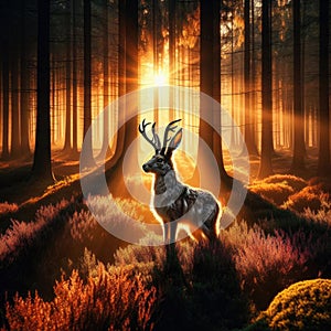 The mythical Jackalope stands in woodlands, bathed in the glorious morning sunrise