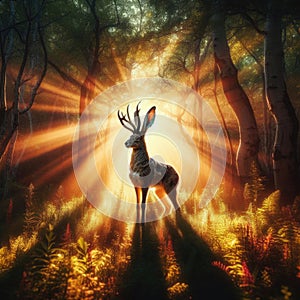 The mythical Jackalope stands in woodlands, bathed in the glorious morning sunrise