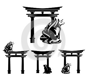 Mythical japanese fox spirit with nine tails sitting by torii gate black and white vector outline set