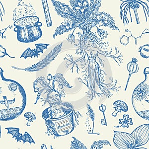 Mythical mandrake plant. Seamless pattern in vintage style. Fantasy magic flower and ingredients for witchcraft. Hand
