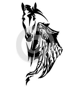 Pegasus horse head and wing black and white vector outline