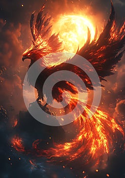 Fiery phoenix in a dramatic flight pose, surrounded by glowing flames against a dark background. photo