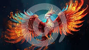 Mythical phoenix with open wings illustration with bright colors