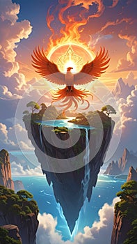 Mythical Phoenix Rising Above Cliff Island