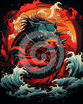 Mythical water dragon with dragon head in traditional chinese painting style in deep sea