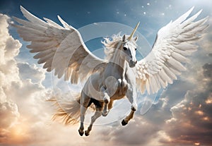 The mythical white Pegasus unicorn horse is flying above clouds