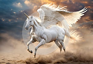 The mythical white Pegasus unicorn horse is running and preparing to fly