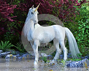 Mythical white Unicorn posing in an enchanted forest .