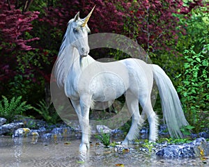 Mítico blanco unicornio posando en embrujado Bosque  