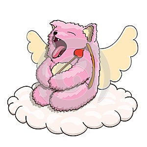 Mythical Yawning Cupid Pink Cat Tired on the Cloud with Cupid Arrow and Bow on White Background