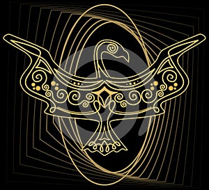 Mythologic ornamental bird silhouette, tribal symmetric drawing on black background with gold curves