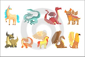 Mythological animals, set for label design. Dragon, unicorn, pegasus, griffin, cartoon detailed Illustrations