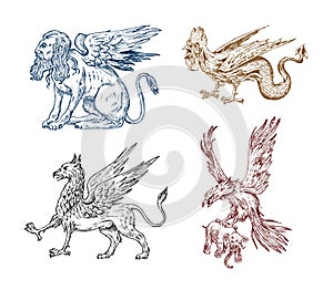 Mythological animals. Sphinx Griffin Mythical Basilisk antique Roc. Ancient Birds, fantastic creatures in the old