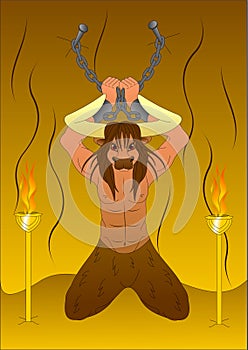 Mythological creature minotaur, shackled in a cave