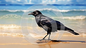 Mythological Crow On Beach: A Ravencore Spectacle With Ocean View photo