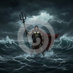 A mythological figure resembling a sea god stands in turbulent ocean waves, wielding photo