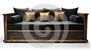Mythological Influenced Dark Wood Day Bed With Orange Pillows