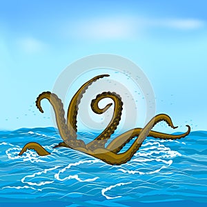 Mythological kraken tentacles with the sea