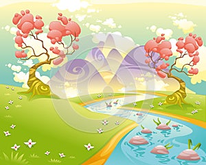 Mythological landscape with river.