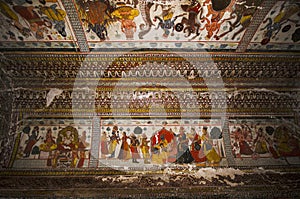 Mythological paintings on the ceiling of Raj Mahal. Orchha Palace Fort Complex. Orchha. Madhya Pradesh