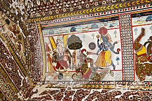 Mythological paintings on the ceiling of Raj Mahal. Orchha Palace Fort Complex. Orchha. Madhya Pradesh