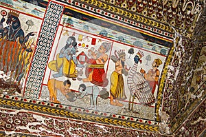 Mythological paintings on the ceiling of Raj Mahal. Orchha Palace Fort Complex. Orchha. Madhya Pradesh