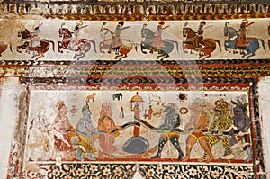 Mythological paintings on the ceiling of Raj Mahal. Orchha Palace Fort Complex. Orchha. Madhya Pradesh