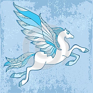 Mythological Pegasus on a blue background. The series of mythological creatures