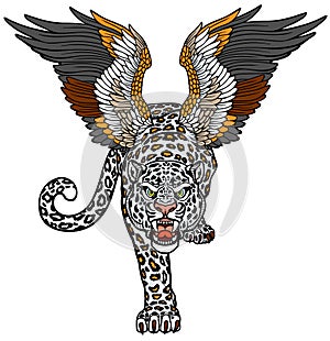 Mythological snow leopard with wings. Front view