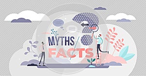 Myths and facts vector illustration. Info accuracy in tiny persons concept.
