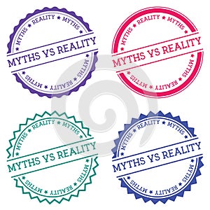 Myths vs reality badge isolated on white.