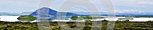 Myvatn lake with islets of volcanic pseudocraters in Northern Iceland