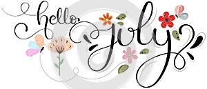 Hello July. JULY month vector with flowers, birdhouse, swashes and leaves. Decoration floral. Illustration month July photo