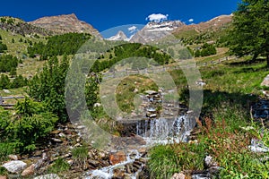 MÃ¤lligabach river, Jegihorn, Fletschhorn, Lagginhorn mountain peaks, hills, pastures and trees from Triftalp village