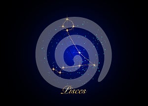 Pisces zodiac constellations sign on beautiful starry sky with galaxy and space behind. Gold Fish sign horoscope symbol