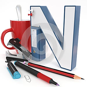 `N` 3d letter with office stuff