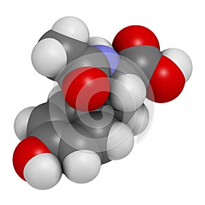 N-acetyl-tyrosine (NALT) molecule. 3D rendering.  Acetylated form of the amino acid tyrosine.  Atoms are represented as spheres