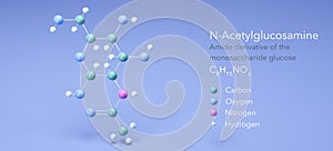 n-acetylglucosamine, molecular structures, monosaccharide glucose, 3d model, Structural Chemical Formula and Atoms with Color