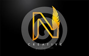N Golden Gold Feather Letter Logo Icon Design With Feather Feathers Creative Look Vector Illustration