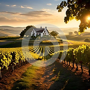 n image of a charming countryside farmhouse with a sprawling vineyard.