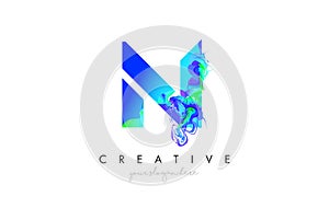 N Letter Icon Design Logo With Creative Artistic Ink Painting Flow in Blue Green Colors